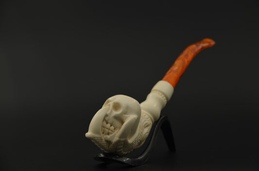 Aggressive Skull Carved Meerschaum Pipe