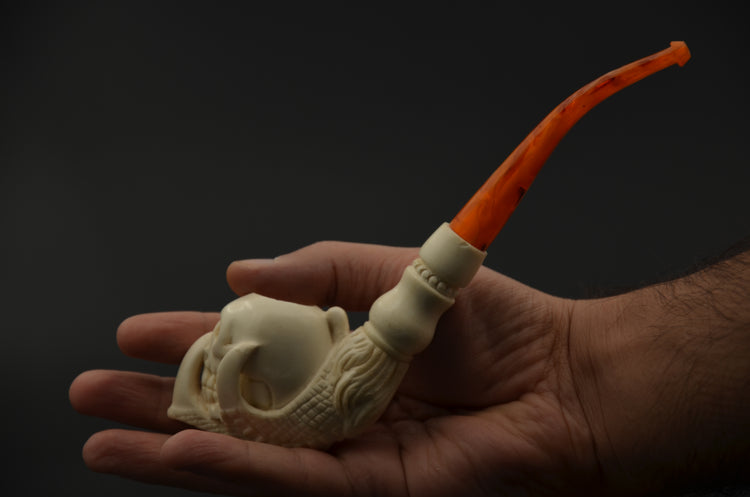 Aggressive Skull Carved Meerschaum Pipe
