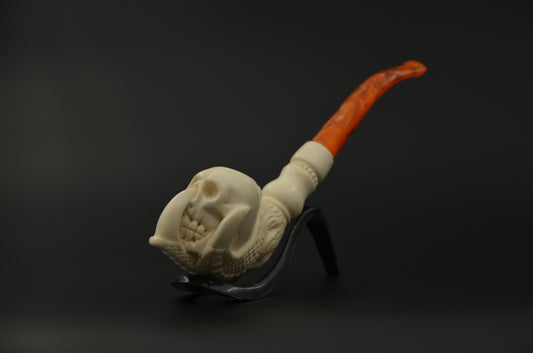 Aggressive Skull Carved Meerschaum Pipe
