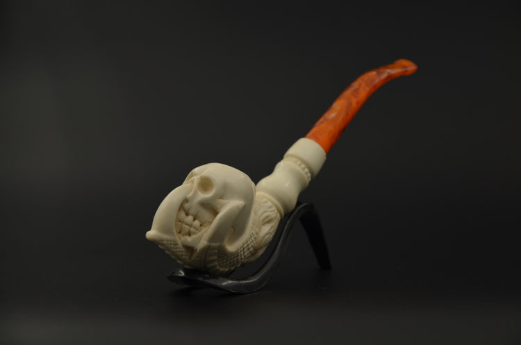 Aggressive Skull Carved Meerschaum Pipe