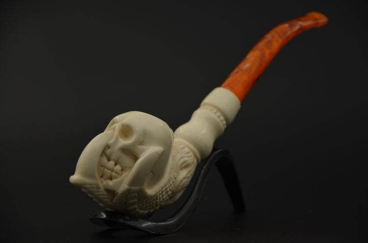 Aggressive Skull Carved Meerschaum Pipe