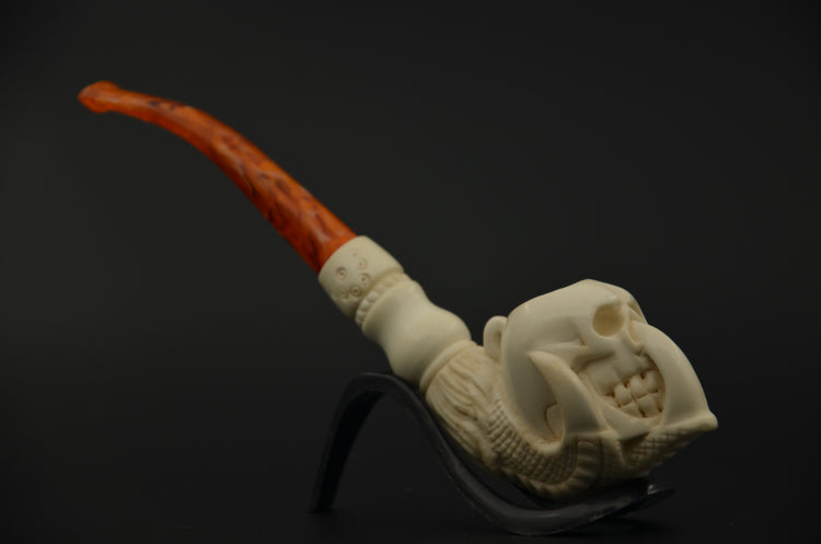 Aggressive Skull Carved Meerschaum Pipe