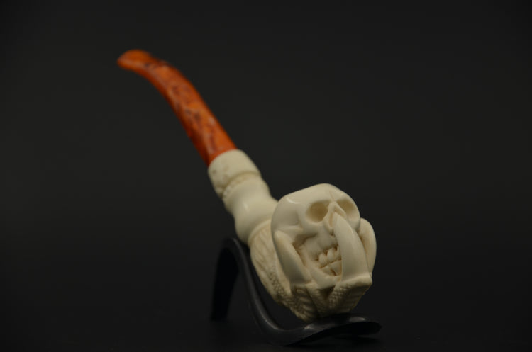 Aggressive Skull Carved Meerschaum Pipe