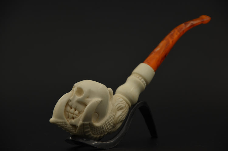Aggressive Skull Carved Meerschaum Pipe