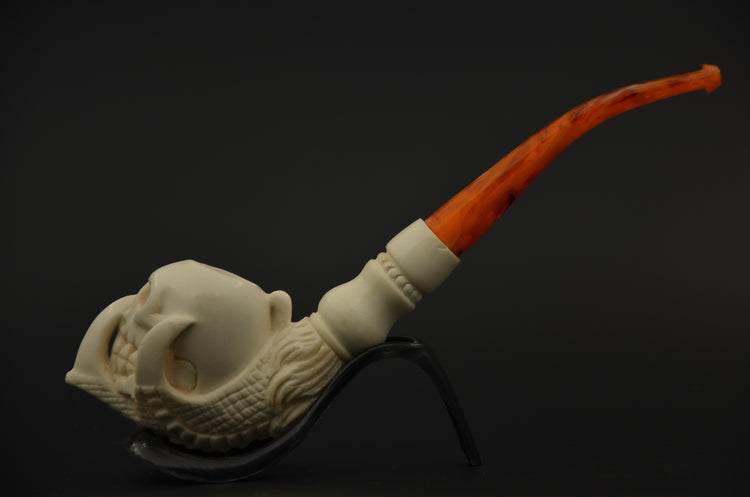 Aggressive Skull Carved Meerschaum Pipe