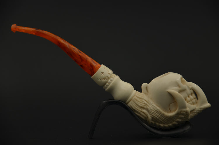 Aggressive Skull Carved Meerschaum Pipe
