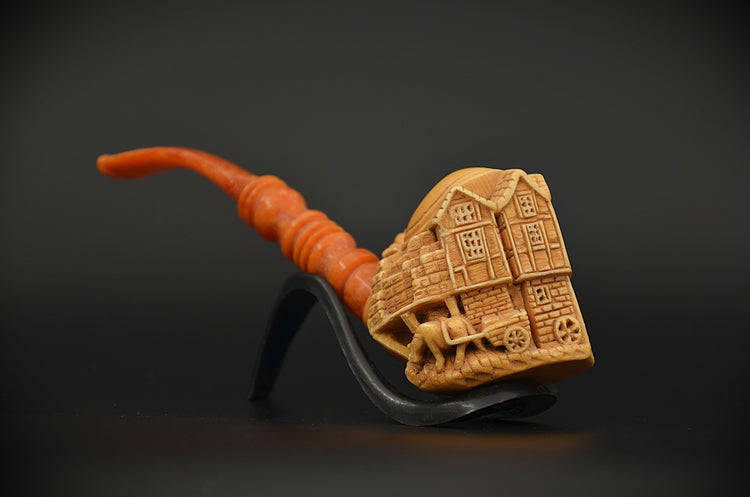Carved Village House Meerschaum Pipe
