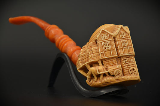Carved Village House Meerschaum Pipe