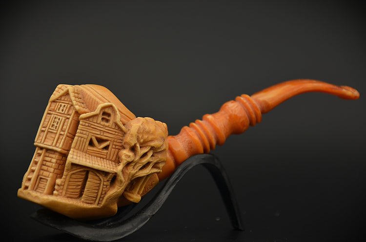 Carved Village House Meerschaum Pipe