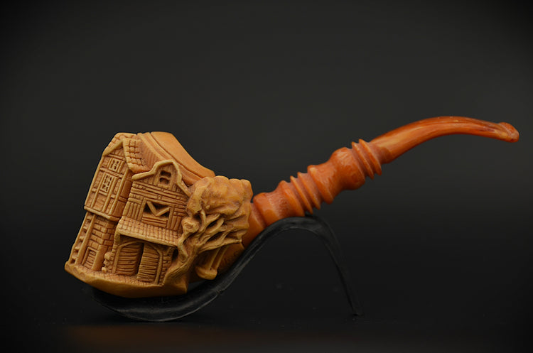 Carved Village House Meerschaum Pipe