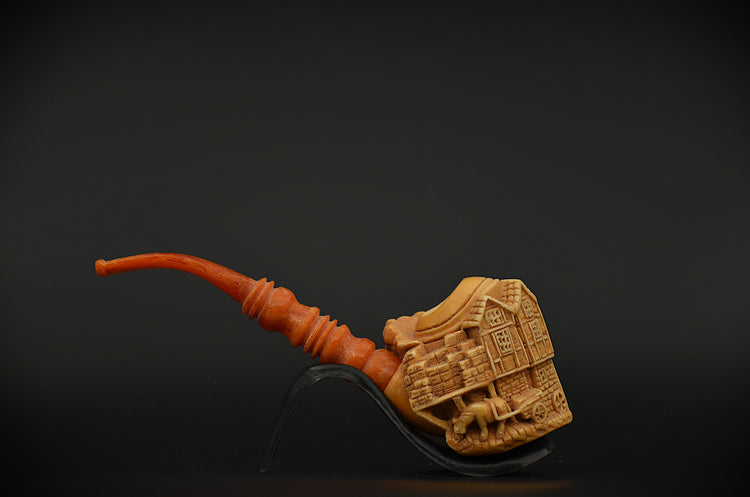 Carved Village House Meerschaum Pipe