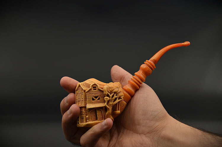 Carved Village House Meerschaum Pipe