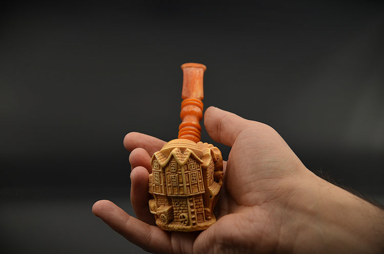 Carved Village House Meerschaum Pipe